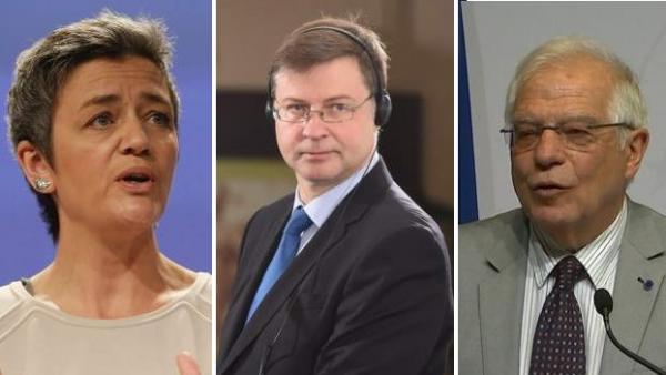 Vestager, Dombrovskis y Borrell, en una imagen de archivo. Vestager, Dombrovskis y Borrell, en una imagen de archivo.