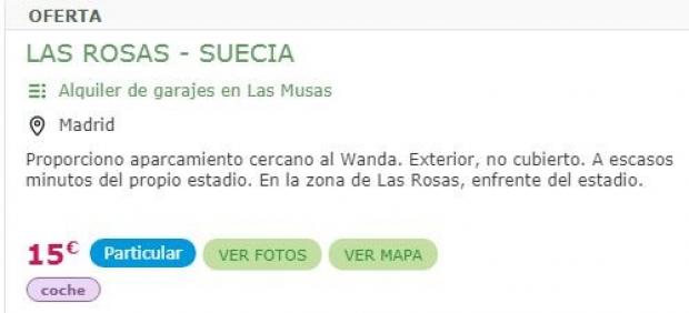 Anuncio para ceder una plaza de aparcamiento en la callle en los alrededores del Wanda por 15 euros